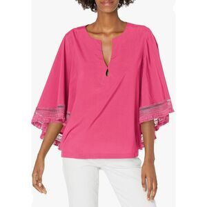 TRINA TURK Carry On Batwing Fringe 3/4 Sleeve Blouse, Silk Blend, Sz S